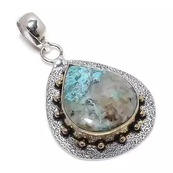 Двухцветный кулон из стерлингового серебра 925 пробы с натуральным драгоценным камнем хризоколла, размер 2,13 дюйма, T9A56