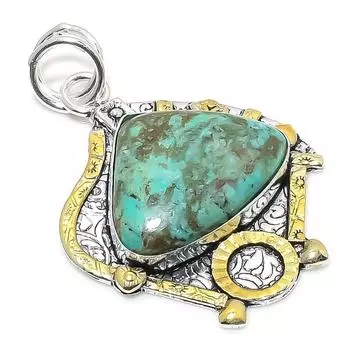 Двухцветный кулон из стерлингового серебра 925 пробы с натуральным драгоценным камнем хризоколла, размер 2,01 дюйма, e5S01