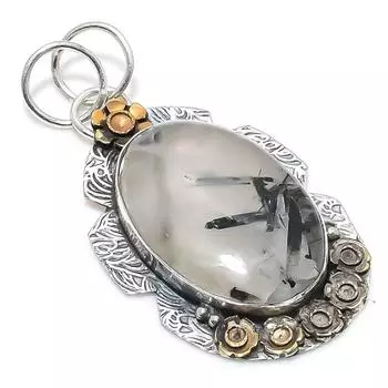 Двухцветный кулон из стерлингового серебра 925 пробы с натуральным черным рутилом, размер 2,29 дюйма t3U85