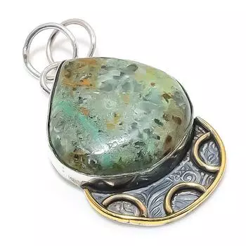Двухцветный кулон из стерлингового серебра 925 пробы с натуральным драгоценным камнем хризоколла, размер 2,01 дюйма, Q6G54