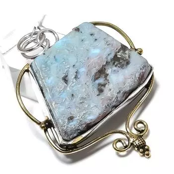 Двухцветный кулон из стерлингового серебра 925 пробы с натуральным карибским камнем Ларимар 1,97 дюйма H4i12