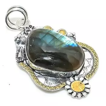 Двухцветный кулон из стерлингового серебра 925 пробы с натуральным лабрадоритом, размер 2,36 дюйма, U9e39