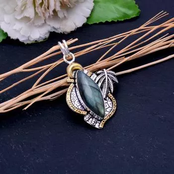 Двухцветный кулон ручной работы из натурального лабрадорита из стерлингового серебра 925 пробы 2,25 дюйма Y8d48