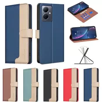 Двухцветный лоскутный стиль, дизайн из искусственной кожи, откидная подставка, чехол-кошелек для телефона, чехол для телефона vivo Y38, Y03, Y78, Y36, Y27 4G, Y35, Y22s, Y21, Y21s, Y15, Y12, Y17... vivo Y20 чёрный