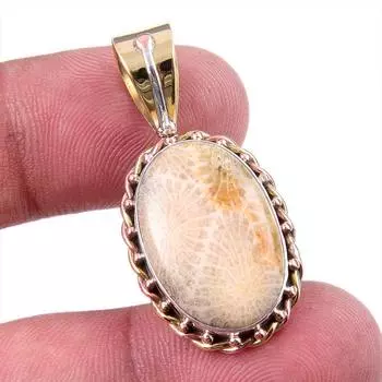Двухцветный подарочный кулон из натурального ископаемого коралла из стерлингового серебра 925 пробы, 1,50 дюйма, w1Q99