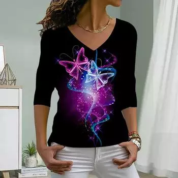 Двухцветный принт бабочки женские футболки женские топы с длинным рукавом V-образный вырез пуловер женские футболки футболка для женщин XS синий