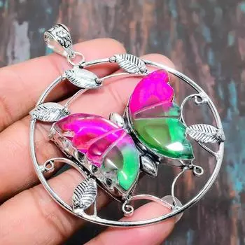 Двухцветный турмалин, драгоценный камень, подвеска из стерлингового серебра 925 пробы ручной работы для Хэллоуина 2.96 Inches розовый