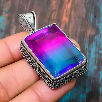 Двухцветный турмалин, драгоценный камень, стерлинговое серебро 925 пробы, ювелирный кулон ручной работы для Хэллоуина 1.77 Inches синий