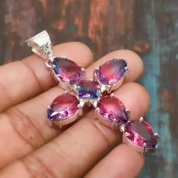 Двухцветный турмалин, драгоценный камень, ювелирные изделия ручной работы, подвеска-крест из стерлингового серебра 925 пробы 2.56 Inches розовый