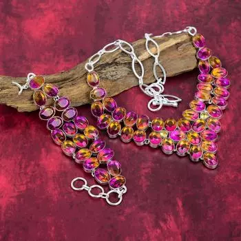 Двухцветный турмалин из цельного серебра 925 пробы, комплект украшений из браслета и ожерелья, великолепный комплект украшений с регулируемой цепочкой ручной работы для нее Adjustable With 8 -18 розовый