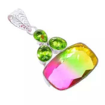 Двухцветный турмалин, перидот, серебряная подвеска 925 пробы 2,3 дюйма AH-3260 2.17 зелёный
