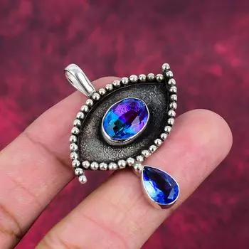 Двухцветный турмалин, танзанит, драгоценный камень, кулон ручной работы, 925 цельное серебро, антикварная бижутерия, кулон для подарка на помолвку 1.96 Inches синий