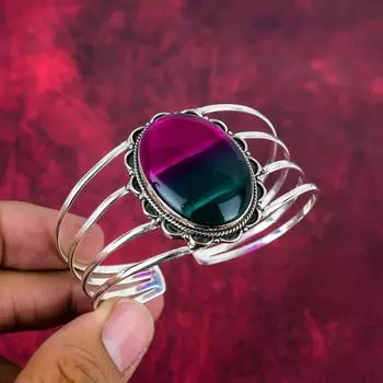 Двухцветный турмалиновый браслет-манжета, 925 пробы, серебряный браслет с драгоценными камнями, ювелирные изделия ручной работы, на День памяти Adjustable розовый