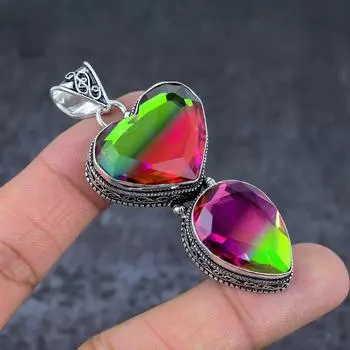 Двухцветный турмалиновый драгоценный камень подарочный кулон из стерлингового серебра 925 пробы 2,68 дюйма Q6L52