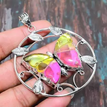 Двухцветный турмалиновый драгоценный камень стерлингового серебра 925 пробы ручной работы Удивительный ювелирный кулон 2.96 Inches жёлтый