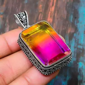 Двухцветный турмалиновый драгоценный камень стерлингового серебра 925 пробы ручной работы Удивительный ювелирный кулон 1.77 Inches жёлтый