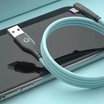 Двухцветный угловой жидкостный кабель для передачи данных из мягкой резины, 12 Вт, подходит для быстрой зарядки мобильных телефонов с кабелем передачи данных TYPE-C 1M синий