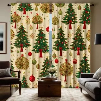 Двухкомпонентная инсталляция HD Рождественская елка подвесной шар декоративная занавеска Зеленая завязка цифровая печать занавеска Украшение дома стиль D W52H63inchW132H160cm