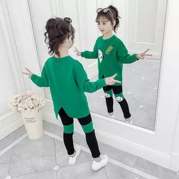 Двухкомпонентная спортивная одежда для девочек, модные уличные брюки в стиле вестерн, свитера, одежда на весну и осень 160 зелёный