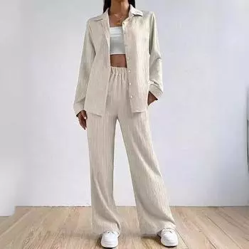 Двухкомпонентная винтажная однотонная рубашка с длинными рукавами и застежкой на пуговицы. Женский повседневный свободный прямой брючный костюм. XXXL