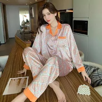 Двухкомпонентная женская пижама на весну и осень, домашняя одежда из шелка с длинными рукавами, простой кардиган с V-образным вырезом, летний комплект домашней одежды для девочек M фиолетовый