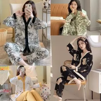 Двухкомпонентная женская пижама, весенние и осенние модели, кардиган, брюки с длинными рукавами, симпатичные модели для девочек, повседневный удобный домашний костюм L белый