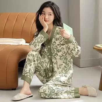 Двухкомпонентная женская пижама, весенние и осенние модели, кардиган, брюки с длинными рукавами, симпатичные модели для девочек, повседневный удобный домашний костюм L белый