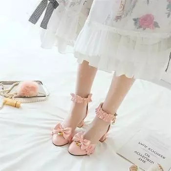 Двухкомпонентные туфли-лодочки Лолита с ремешком на щиколотке, круглый носок, толстый высокий каблук, кавайный бант, пряжка с оборками, женская обувь для косплея, весна-осень 33 чёрный