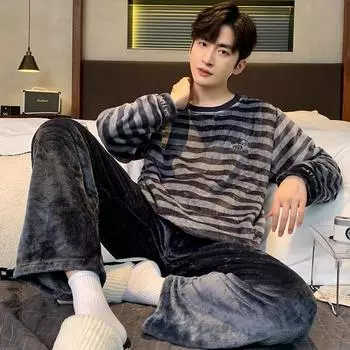 Двухкомпонентный мужской осенне-зимний теплый фланелевый пижамный комплект, синяя эластичная пижама с длинным рукавом, однотонная мягкая повседневная домашняя одежда с круглым вырезом L