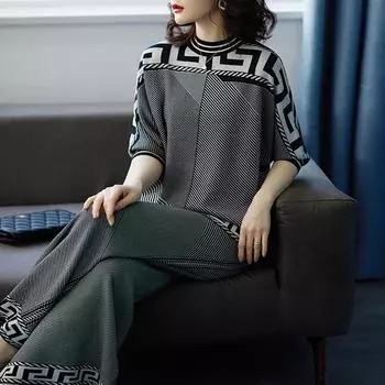 Двухкомпонентный женский трикотажный повседневный комплект весна-осень свободный модный темпераментный пуловер топы + широкие брюки женские XXXL чёрный