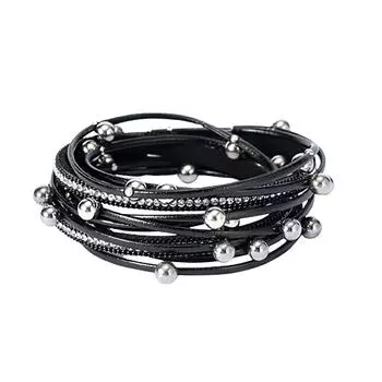 Двухкруговой кожаный браслет с бусинами, многослойный кожаный браслет, модный женский браслет с магнитной застежкой и бриллиантами, ювелирные изделия One Size чёрный