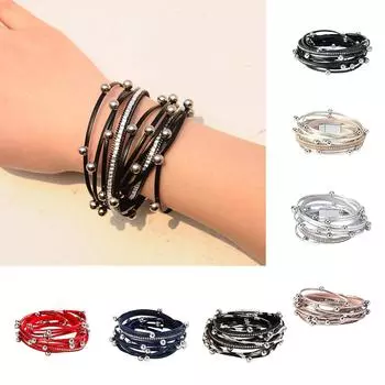 Двухкруговой кожаный браслет с бусинами, многослойный кожаный браслет, модный женский браслет с магнитной застежкой и бриллиантами, ювелирные изделия One Size чёрный