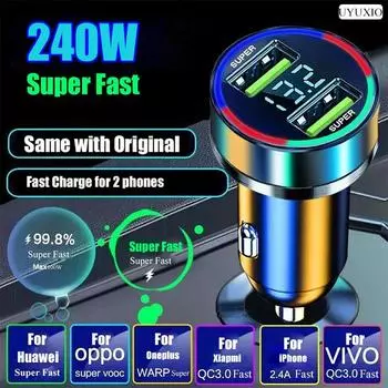 Двухпортовое автомобильное зарядное устройство Usb, 240 Вт, сверхбыстрая зарядка, автомобильный адаптер с монитором напряжения для Iphone, Samsung, Huawei, Oneplus Oppo чёрный