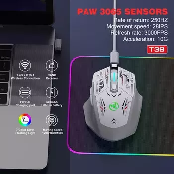 Двухрежимные беспроводные мыши 2.4G+BT5.1 Портативные беспроводные мыши с 7-цветной подсветкой Бесшумный компьютер белый