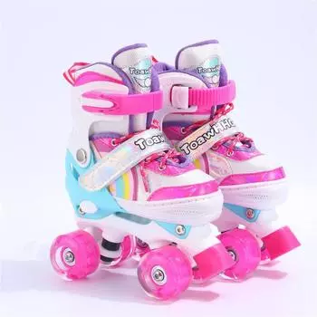 Двухрядные четырехколесные роликовые коньки для начинающих, детей и взрослых, профессиональные роликовые коньки с двойной пряжкой S size 31-34 розовый