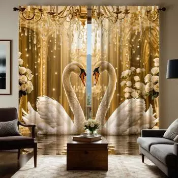 Двухсекционная цифровая желтая занавеска HD под светом Лебедь любви, украшение для дома, стиль, украшение для гостиной, спальни, через карниз W52H63inchW132H160cm
