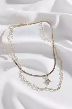 Двухсекционное итальянское колье золотого цвета с измельченной цепочкой и подвеской в виде полярной звезды