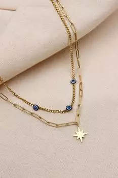 Двухсекционное стальное ожерелье с полярной звездой тройного золотого цвета