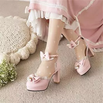 Двухсекционные туфли-лодочки в стиле Лолиты с ремешком на щиколотке, с круглым носком на платформе, кавайный толстый высокий каблук с бантом и пряжкой из бисера, женская обувь для косплея, осень 33 чёрный