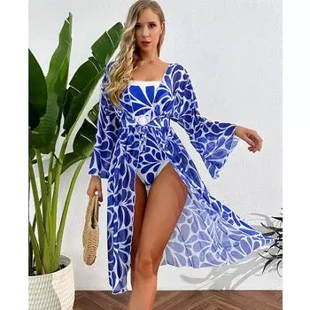 Двухсекционный бикини с высокой талией, новый принтованный купальник, женский купальник-кимоно, женский сексуальный купальник для купания, купальный костюм, пляжная одежда S синий