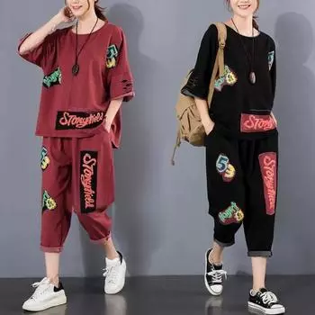 Двухсекционный костюм большого размера в западном стиле, летний, свободный, повседневный, с короткими рукавами, женский, с дырками и буквенным принтом XXXXL чёрный