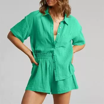 Двухсекционный женский костюм летняя муслиновая рубашка и брюки одежда двухсекционный пляжный костюм двухсекционный женский костюм M зелёный