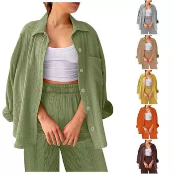 Двухсекционный женский костюм летняя муслиновая рубашка и брюки одежда двухсекционный пляжный костюм двухсекционный женский костюм L жёлтый