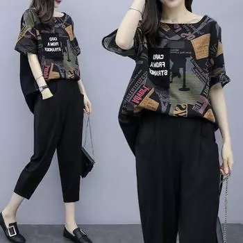 Двухсекционный женский свободный костюм больших размеров в корейском стиле с короткими рукавами и круглым вырезом, укороченные брюки XXXXXL чёрный
