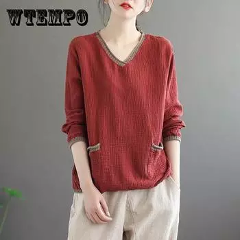 Двухслойная хлопчатобумажная пряжа в стиле ретро, однотонная футболка с v-образным вырезом, свободная женская нижняя рубашка с длинными рукавами XXL