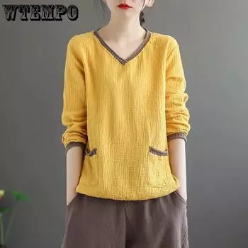 Двухслойная хлопчатобумажная пряжа в стиле ретро, однотонная футболка с v-образным вырезом, свободная женская нижняя рубашка с длинными рукавами XXXXL
