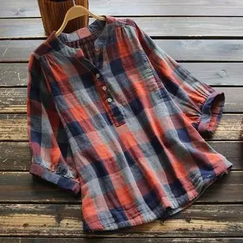 Двухслойная хлопковая пряжа, летняя женская свободная блузка больших размеров, ретро-топы из хлопковой пряжи с коротким рукавом, клетчатая рубашка с V-образным вырезом One Size