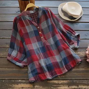Двухслойная хлопковая пряжа, летняя женская свободная блузка больших размеров, ретро-топы из хлопковой пряжи с коротким рукавом, клетчатая рубашка с V-образным вырезом One Size