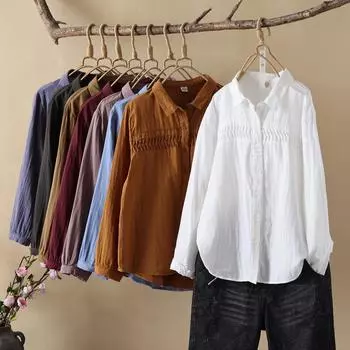 Двухслойная хлопковая пряжа плиссированная рубашка с длинными рукавами для женщин корейская версия свободные мягкие женские рубашки M белый