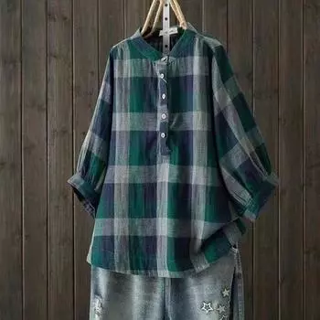 Двухслойная хлопковая пряжа с круглым вырезом, клетчатая рубашка, летняя женская свободная блузка больших размеров, топы из хлопковой пряжи в стиле ретро с коротким рукавом One Size